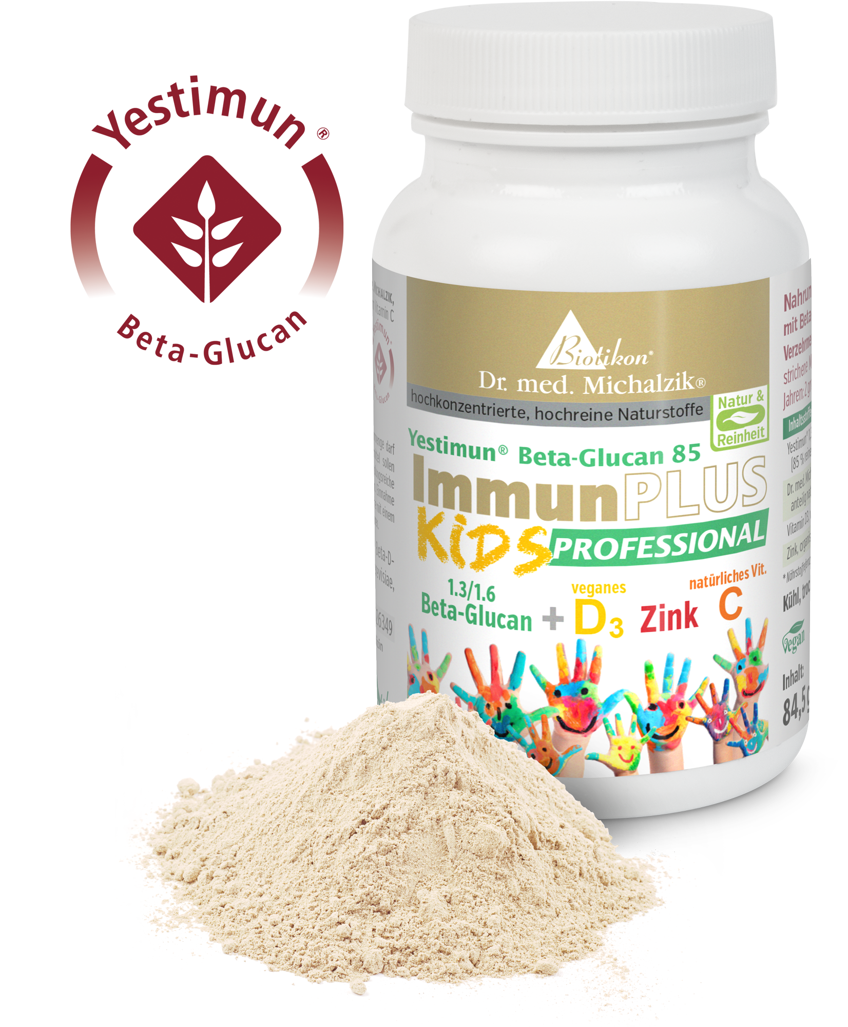 Beta-Glucano 1.3/1.6 – Polvo para niños Polvo de Beta-Glucano 1.3/1.6 en envase blanco de 84 g, con motivos coloridos para niños y un montón de polvo en primer plano.