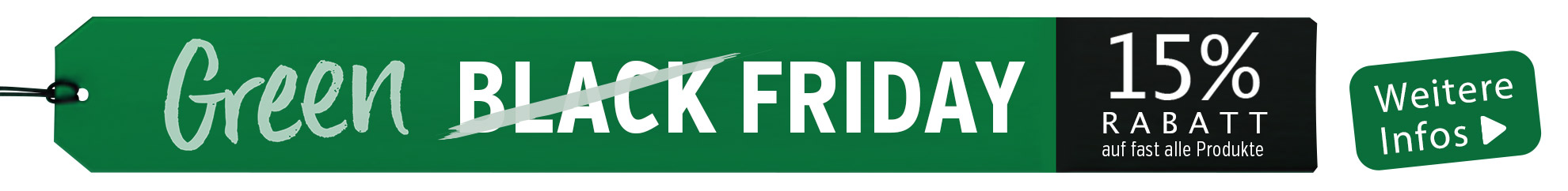 Etiqueta verde con descuento del Black Friday del 15% en productos, con texto en blanco.