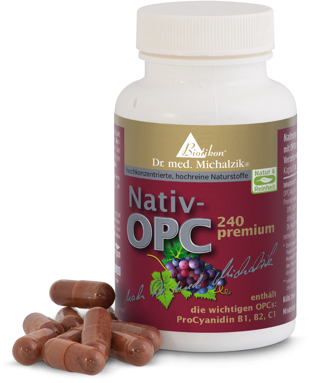 Cápsulas Nativ-OPC de color marrón, 240 unidades en un paquete rojo y blanco.