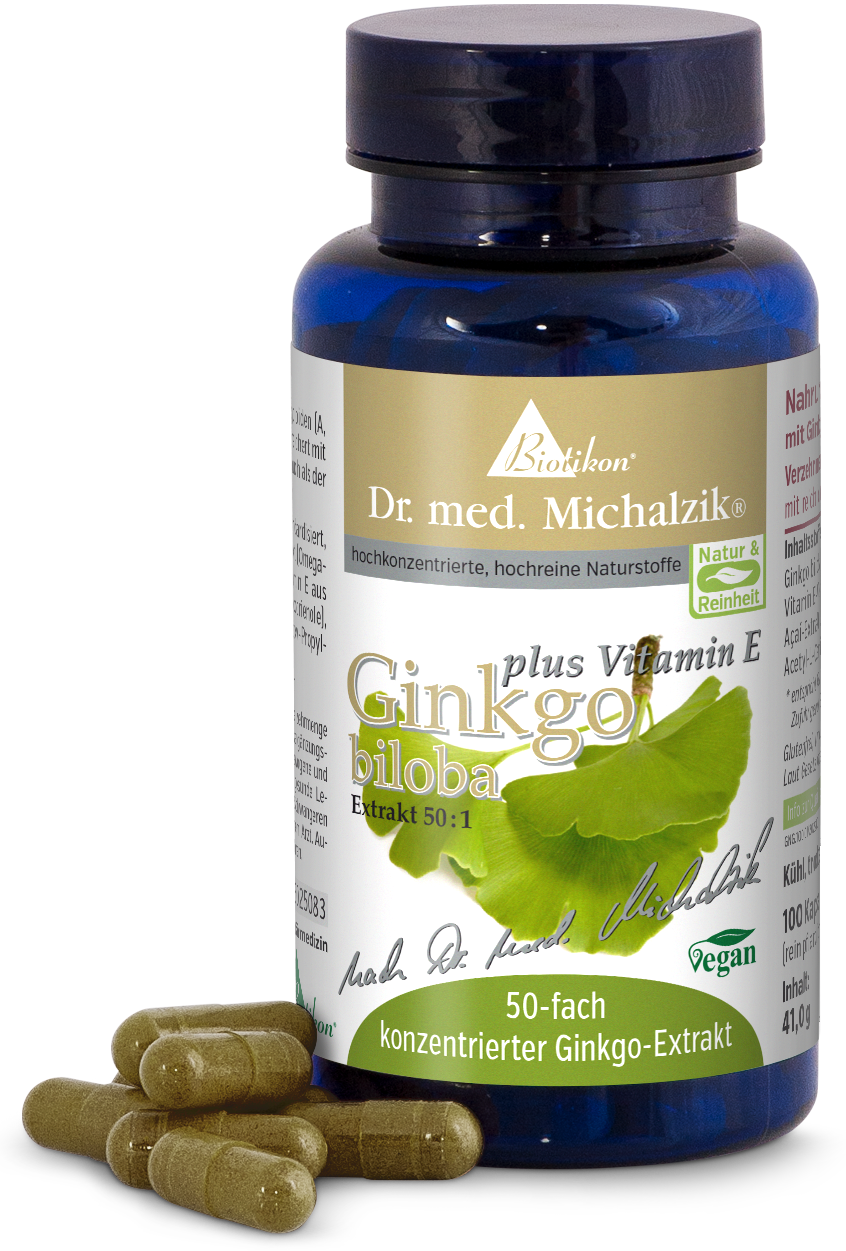 Ginkgo Biloba 50:1 – Cápsulas Botella de vidrio azul con extracto de Ginkgo 50:1 y vitamina E, 100 cápsulas, cápsulas marrón-verdosas en primer plano.