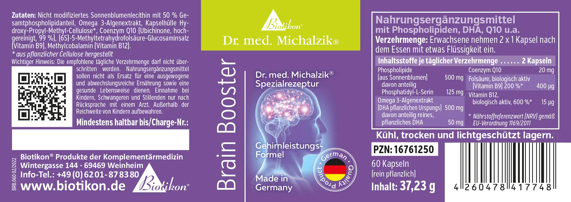 Suplemento alimenticio Brain Booster en empaque morado, 60 cápsulas, vegetal, con fosfolípidos, DHA y coenzima Q10.