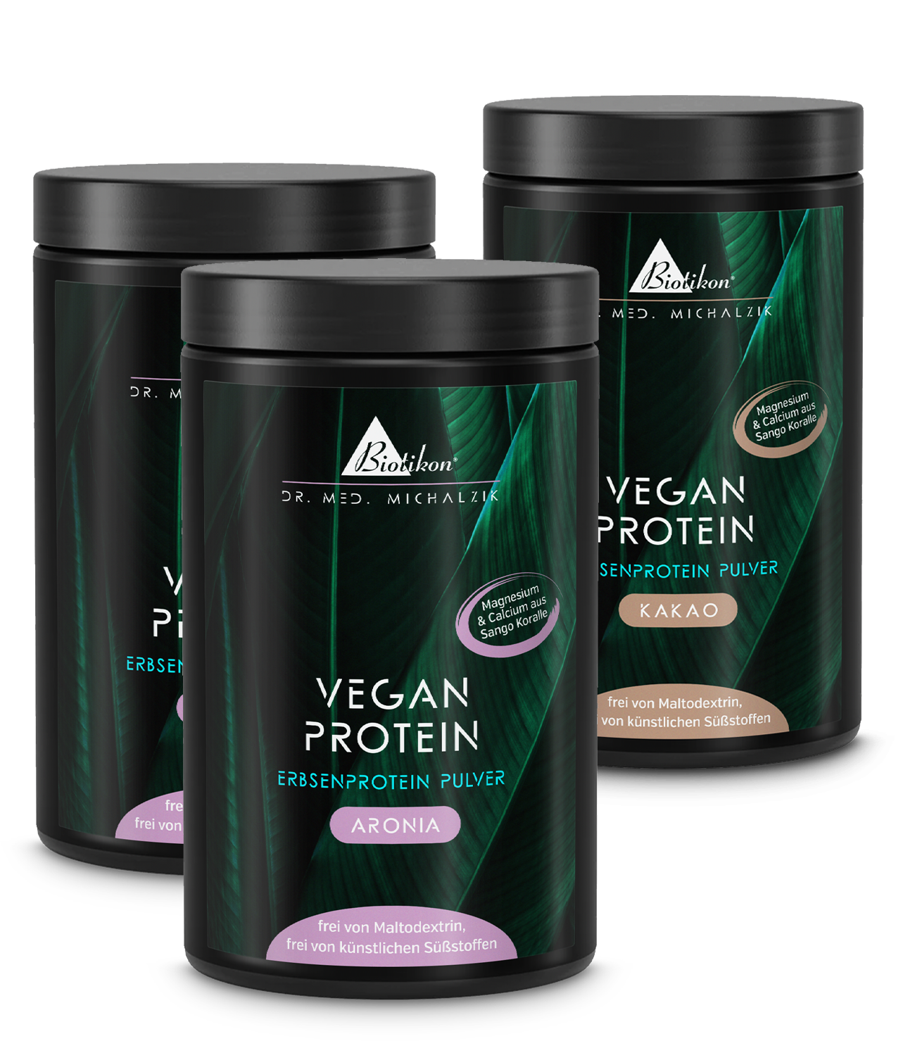 Dos latas de proteína vegetal en polvo de aronia y cacao, blancas con etiquetas coloridas, vista frontal.