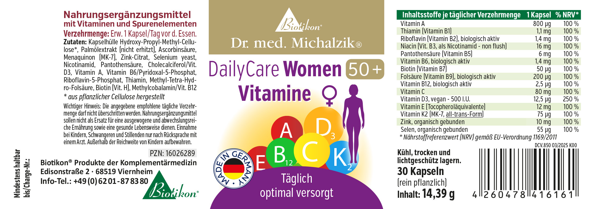 Vitaminas DailyCare Mujeres 50+ en envase azul, 30 cápsulas vistas de lado.
