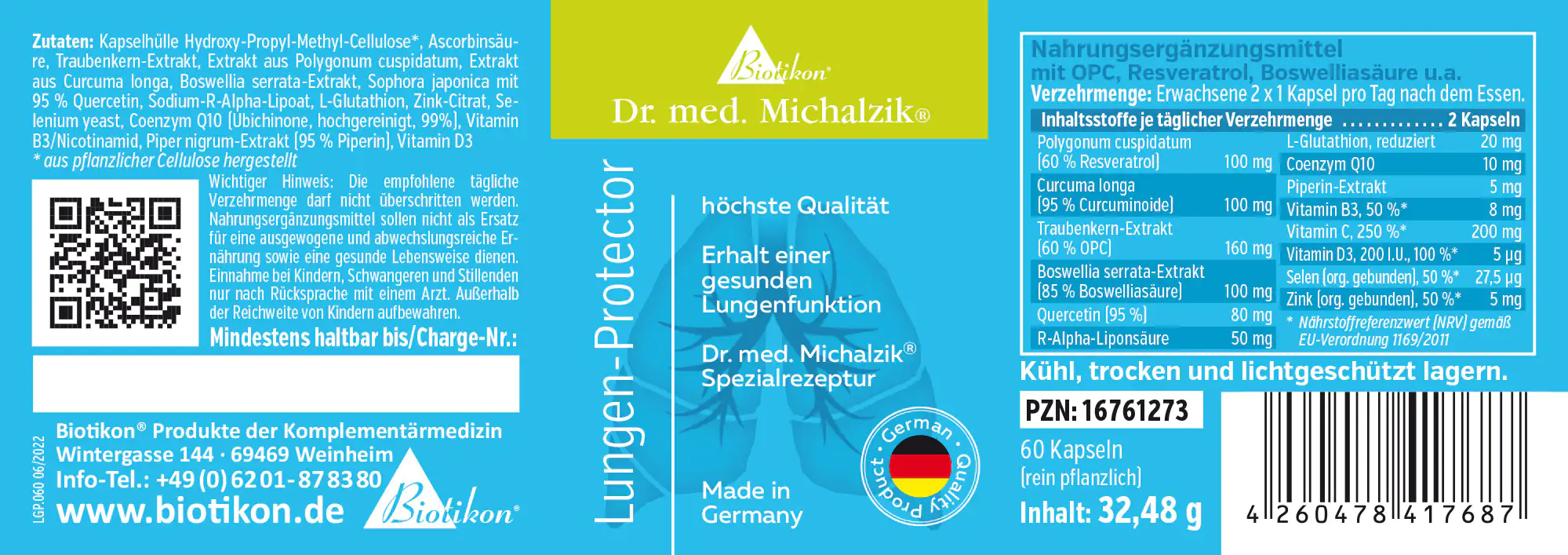 Protector Pulmonar – 60 Cápsulas Suplemento en envase azul, 60 cápsulas vegetales, lista de ingredientes en el lado.
