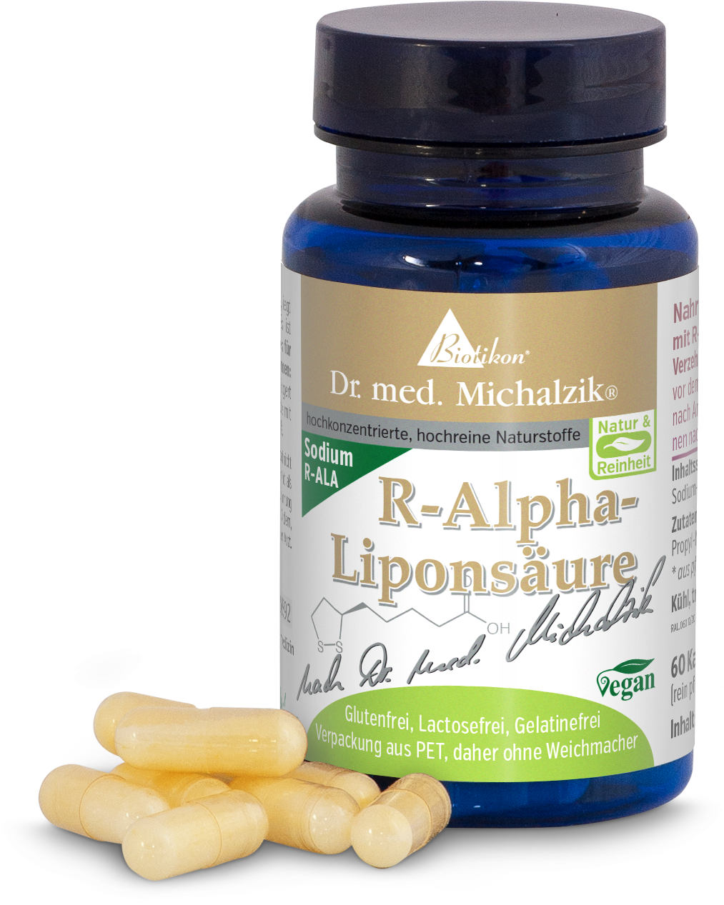 Botella con cápsulas de R-Alpha-Lipoico, 60 unidades, amarillas, veganas.