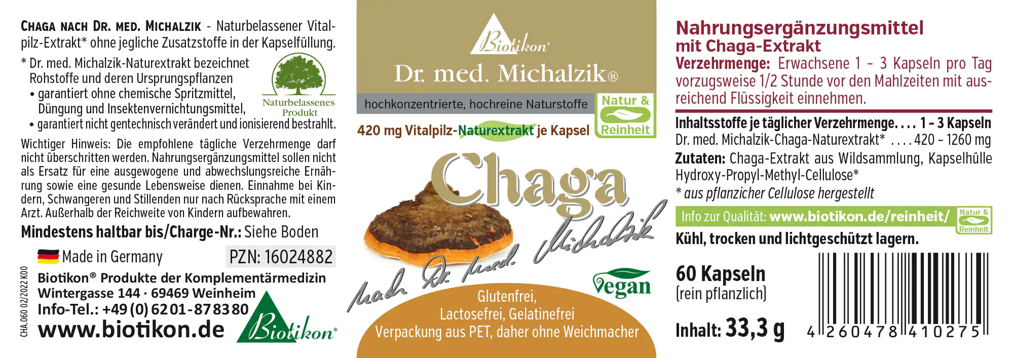Extracto de Chaga 420 mg – 60 Cápsulas Extracto de Chaga en cápsulas, 60 piezas, con embalaje vegano, imagen colorida de las cápsulas y su contenido.