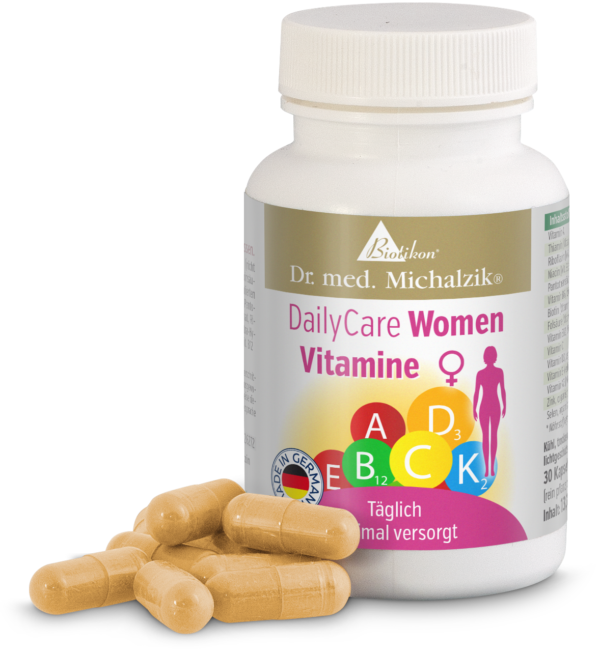 Vitamin DailyCare Mujeres – 30 Cápsulas Envase de plástico blanco con 30 cápsulas, cápsulas color beige en el frente, etiqueta colorida.