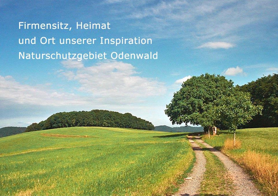 Vista de un paisaje de colinas verdes en el área natural Odenwald, carretera asfaltada, cielo azul.
