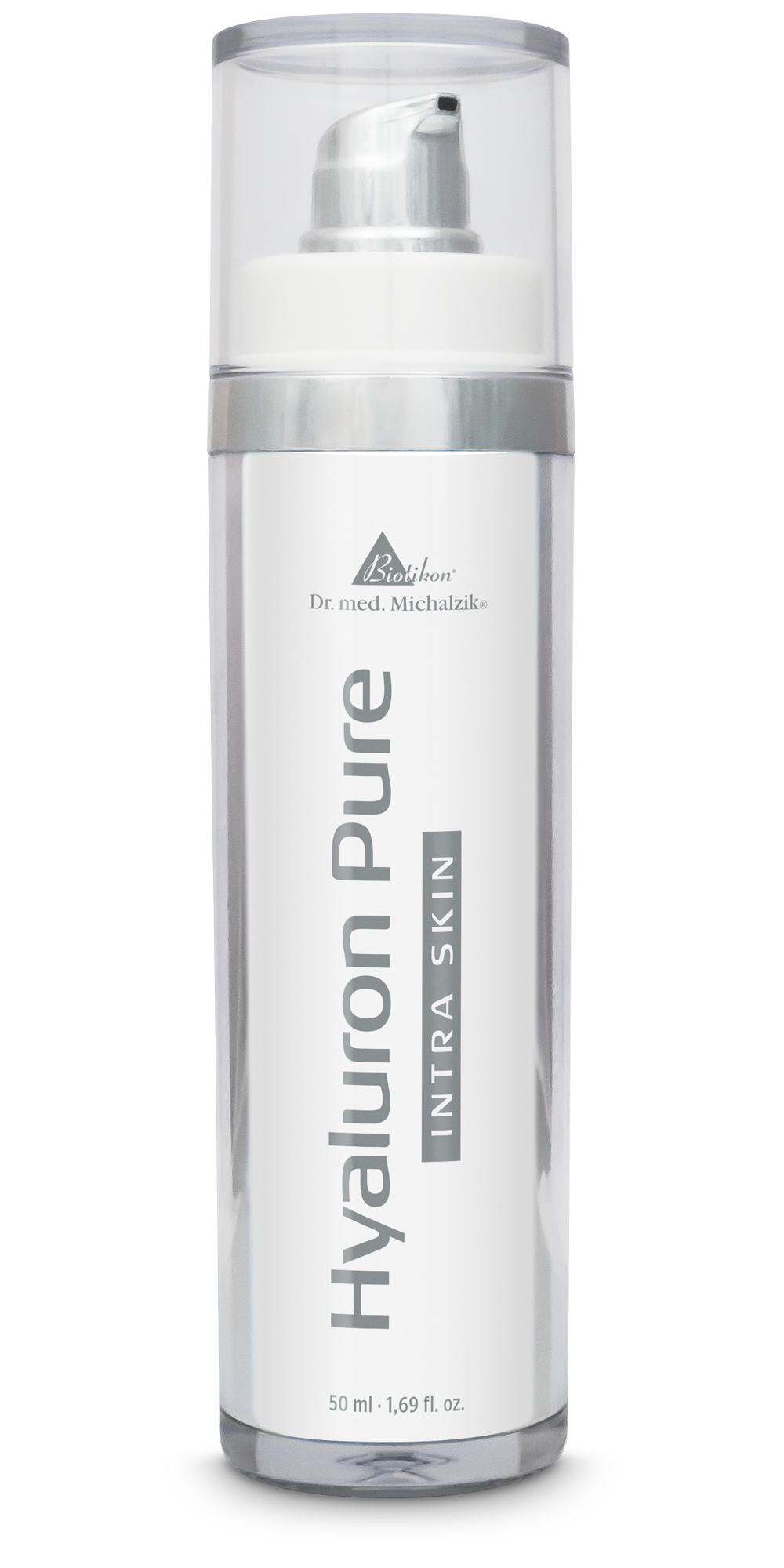 Hialurón Puro 50 ml – Botella con Dosificador Hialurón Puro en botella transparente con dosificador de 50 ml, detalles en plata, visibilidad clara.