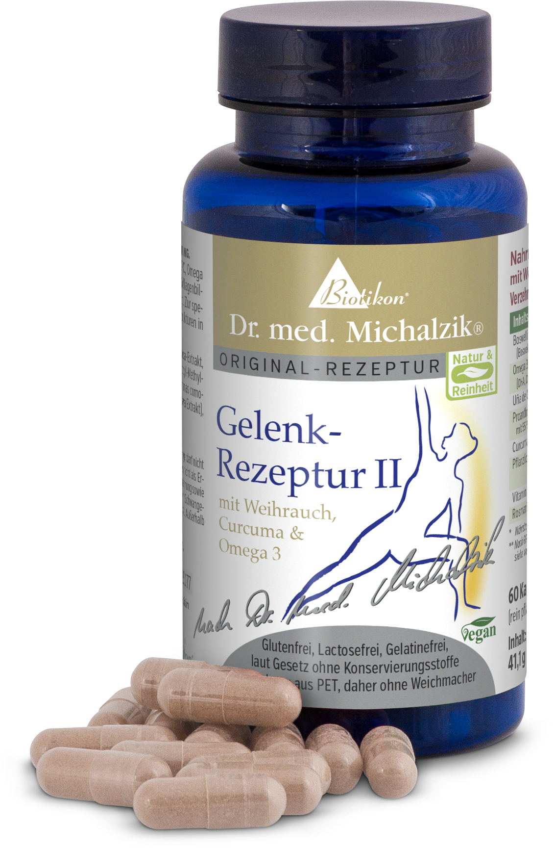 Fórmula Articular II – 60 Cápsulas Fórmula Articular II de Biotikon, 60 cápsulas veganas en frasco azul, con incienso y cúrcuma.