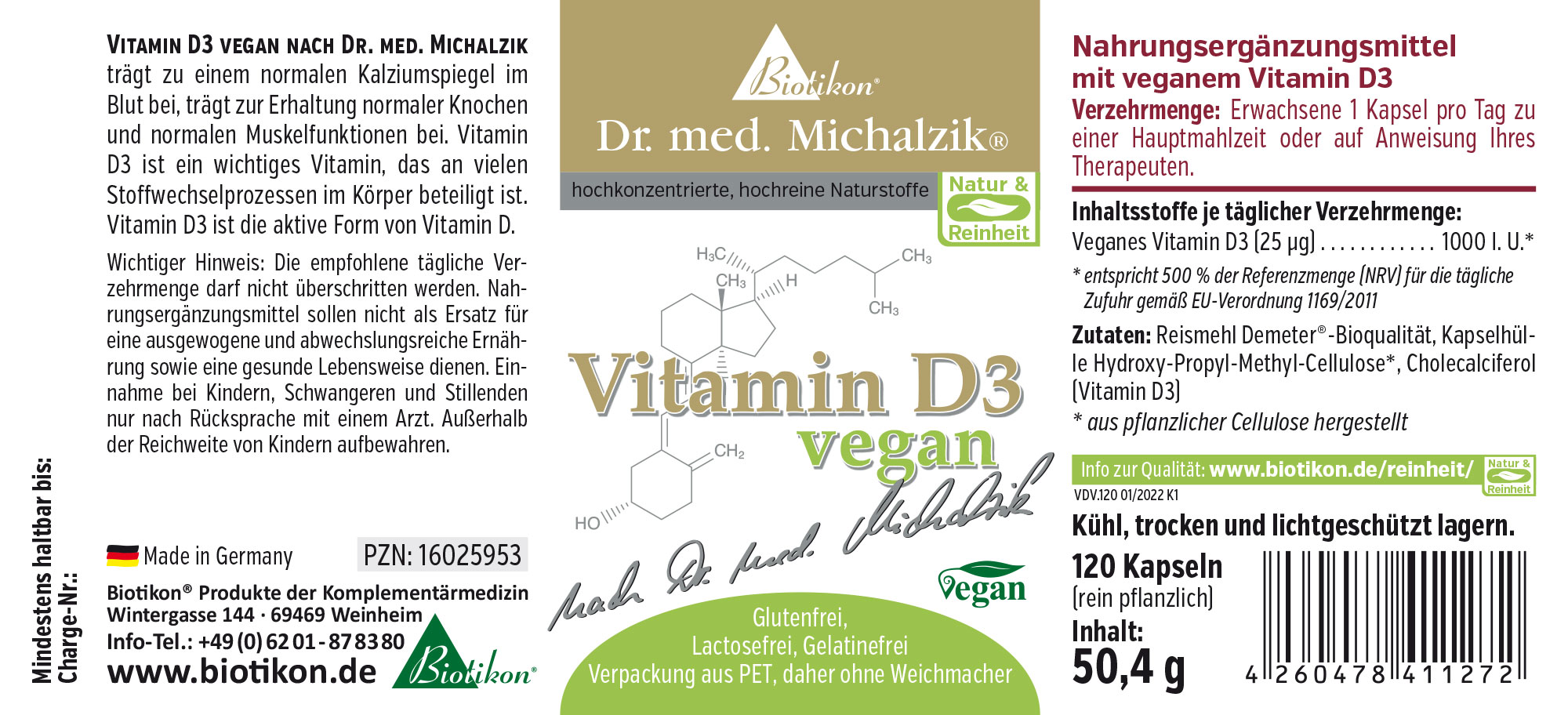 Vitamina D3 1000 UI – cápsulas veganas Suplemento vegano de vitamina D3 en envase PET, 120 cápsulas, color verde/dorado, vista frontal.
