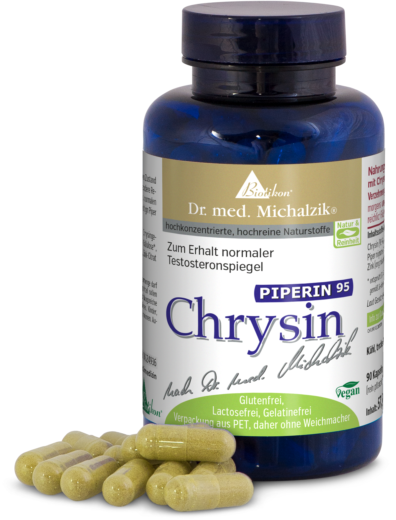 Chrysin 90 Cápsulas – Suplemento Alimenticio Botella azul con 90 cápsulas, amarillas, veganas, sin gluten, sobre fondo blanco.