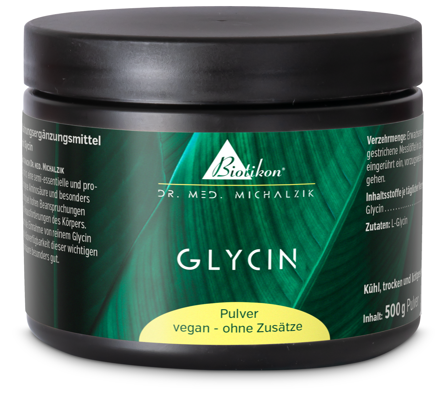 Polvo de glicina – 500 g Polvo de glicina en envase negro, 500 g, vegano, sin aditivos.