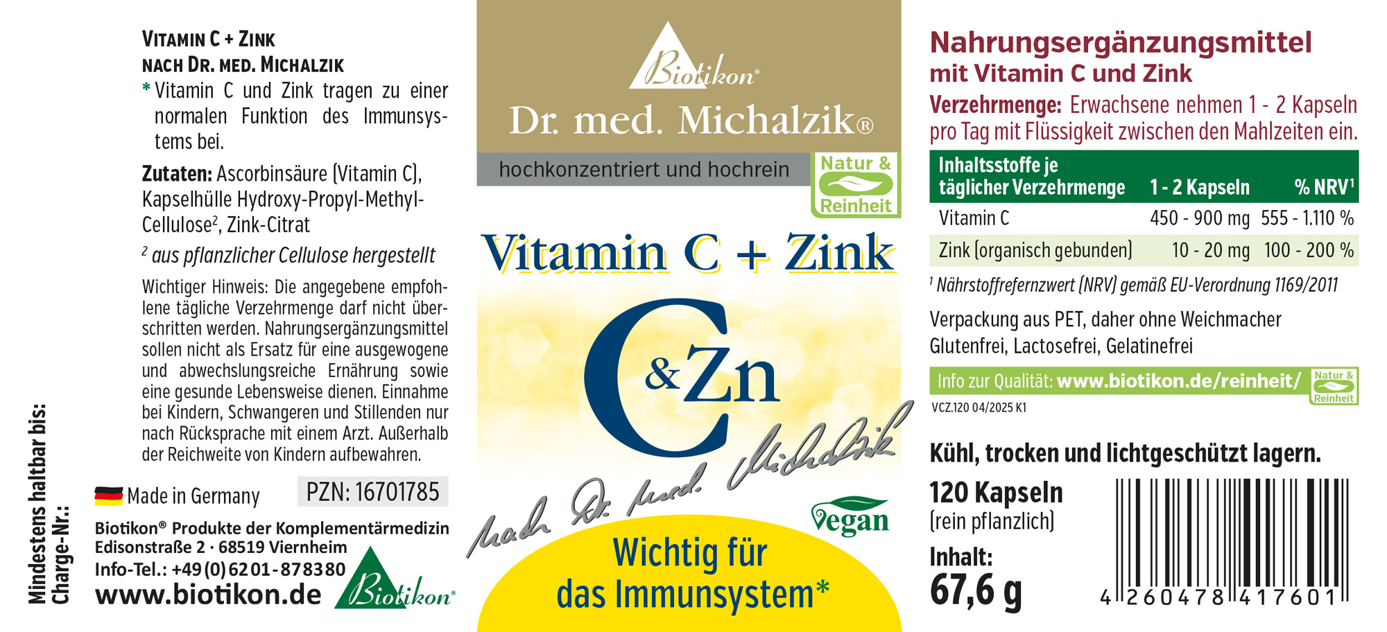Suplemento vitamínico con vitamina C y zinc, 120 cápsulas en envase transparente, vegano, de celulosa vegetal.