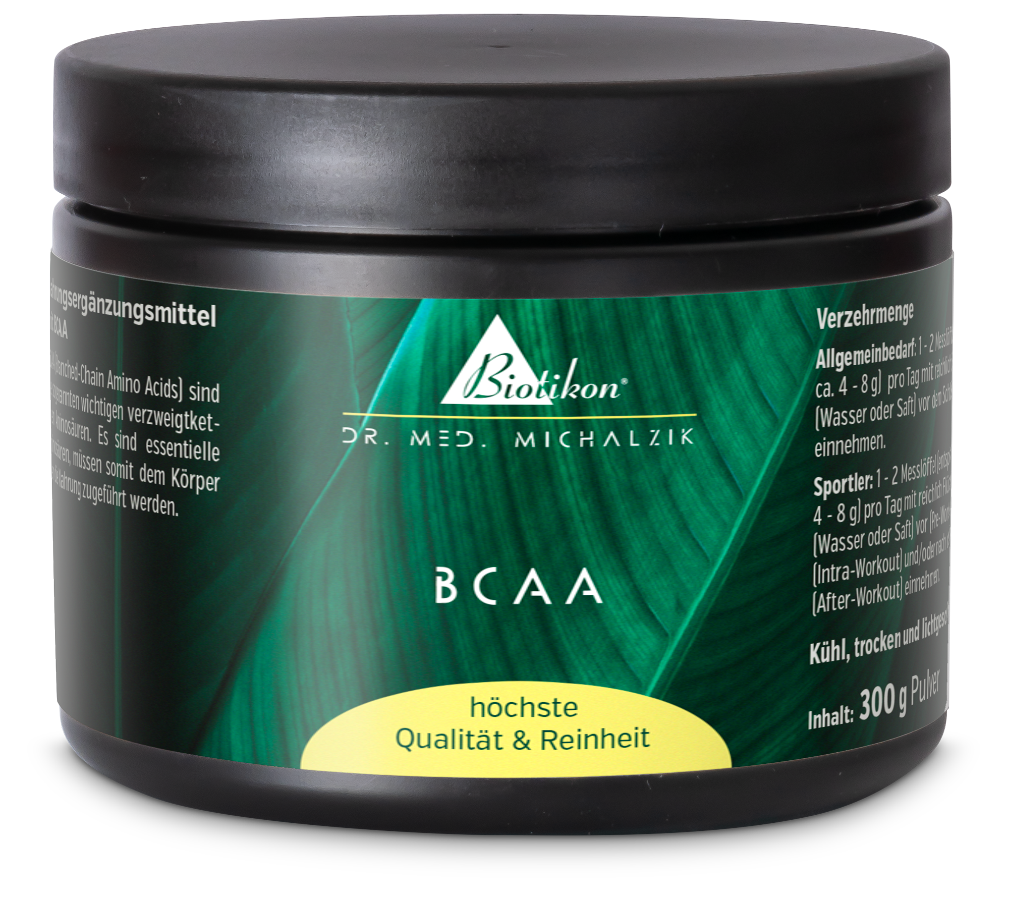 Suplemento BCAA en un envase negro de 300 g, con un diseño de empaque verde.