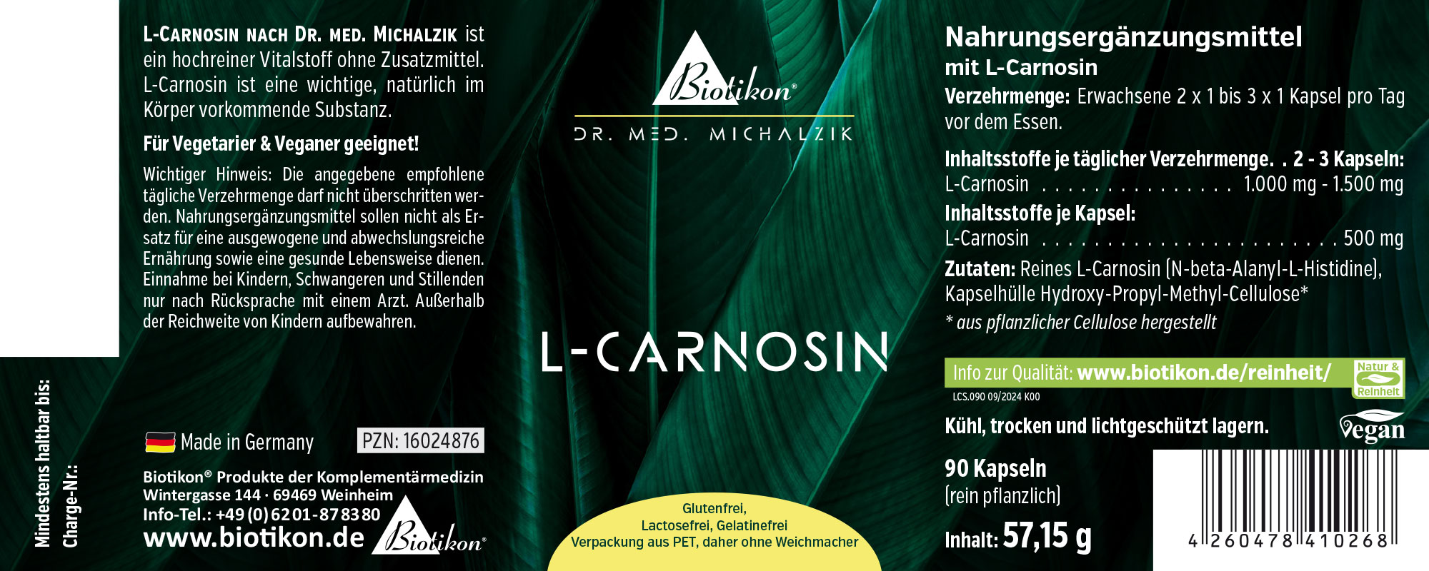 L-Carnosina 500 mg – 90 Cápsulas Suplemento de L-Carnosina, 90 cápsulas veganas, envase verde, vista frontal.