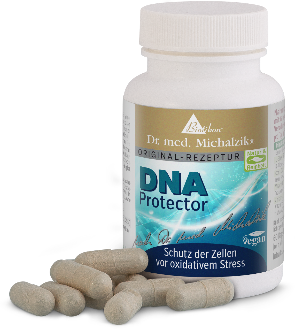 Cápsulas DNA Protector en botella blanca, 60 piezas, veganas, visibles de lado.