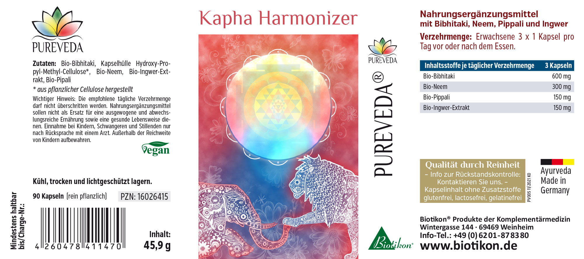 Kapha Harmonizer – 90 Cápsulas Suplemento Kapha Harmonizer en envase de 90 cápsulas veganas, totalmente de origen vegetal.