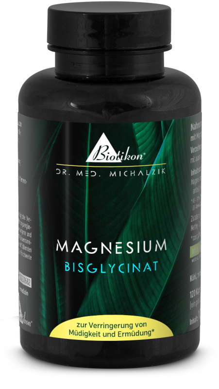 Magnesio Bisglicinato - 120 Cápsulas Botella de cápsulas negras con Magnesio Bisglicinato, 120 unidades, fondo de hojas verdosas.