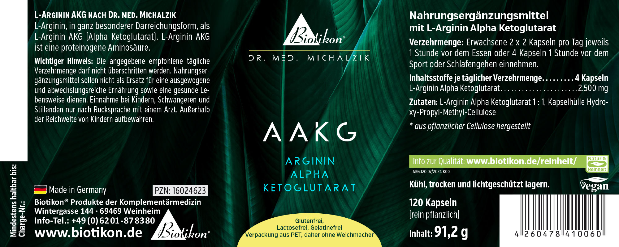 L-Arginina AKG 120 Cápsulas - Biotikon Suplemento L-Arginina AKG en cápsulas, 120 unidades, empaque verde, vista frontal