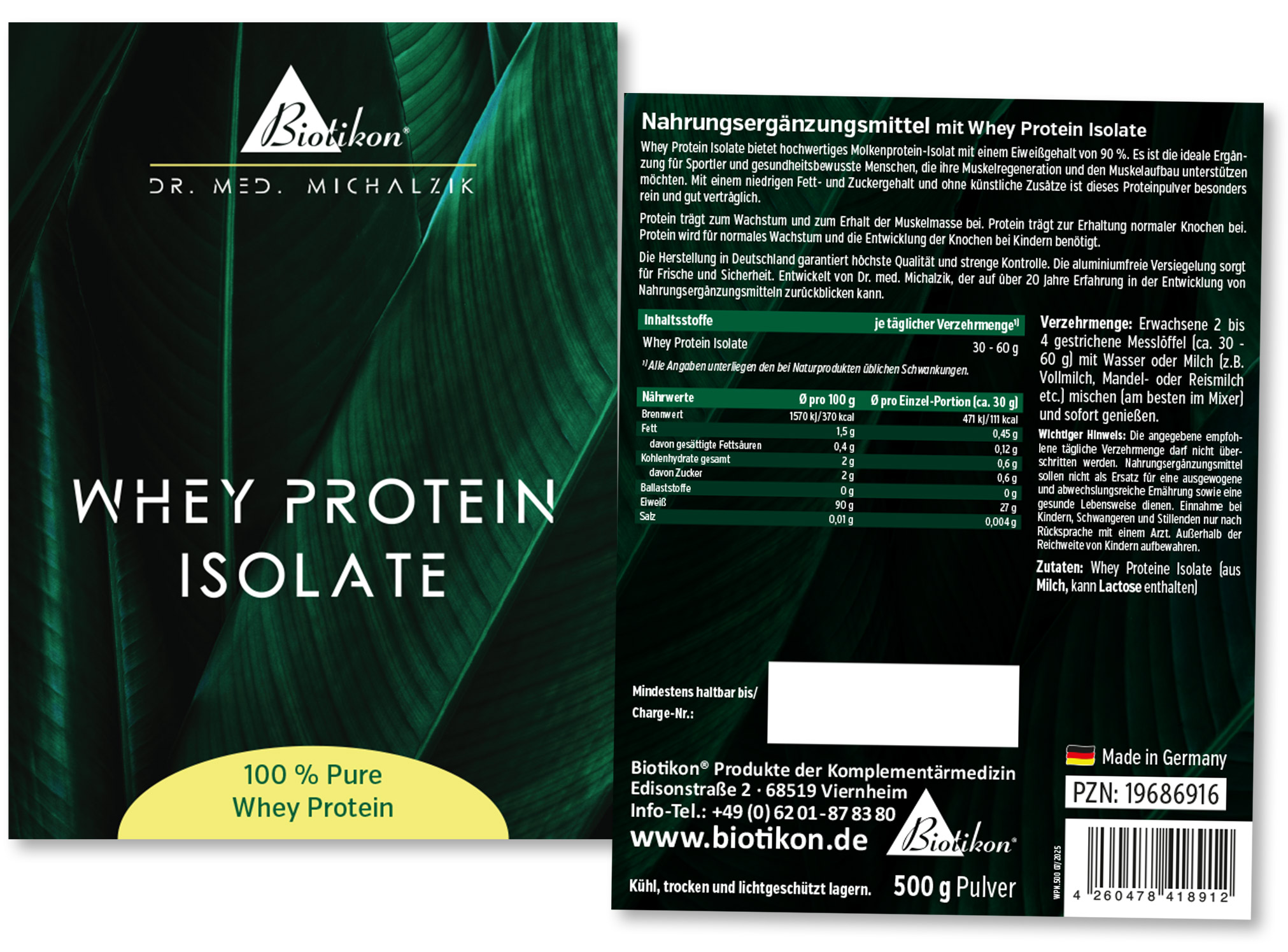 Aislado de proteína de suero en paquete de 500 g, en forma de polvo, envase verde con elementos blancos y amarillos, vista frontal.